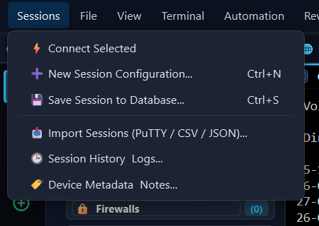 Sessions Menu Interface